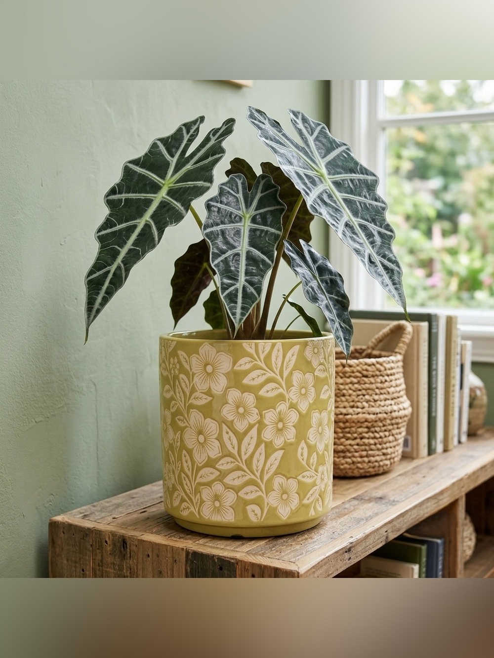 Mustard Yellow Floral Ceramic Planter with Drainage Hole, 6 Inch planter